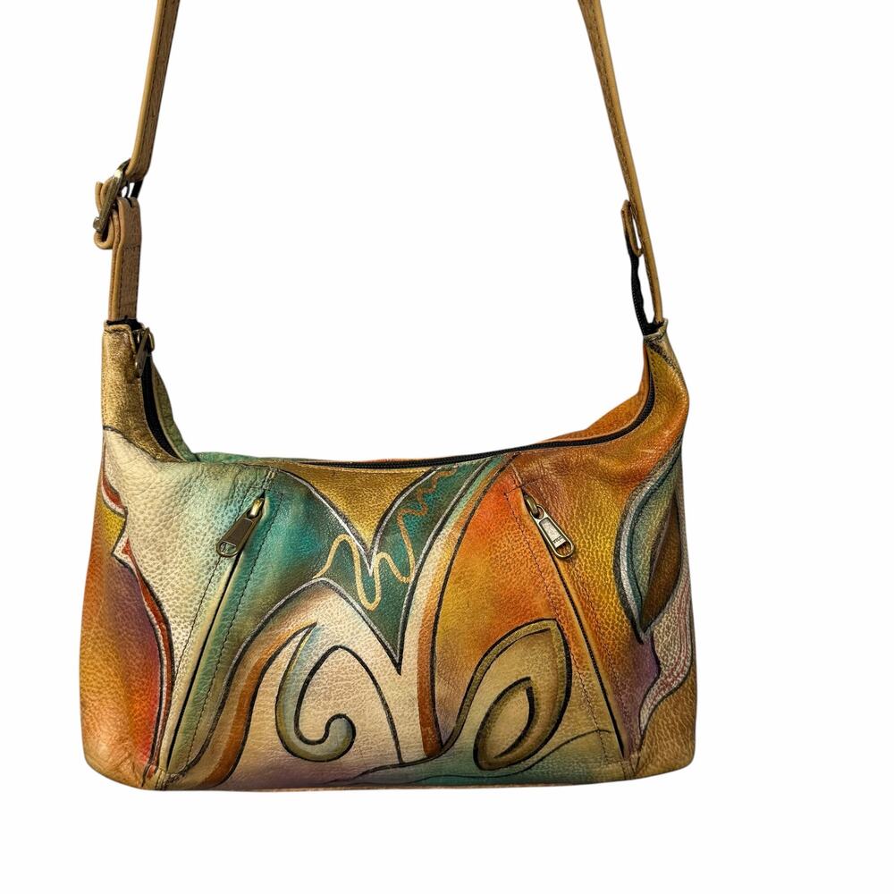 Anuschka Hand Painted Leather Abstract Print Handbag Orange Green Gold AS IS